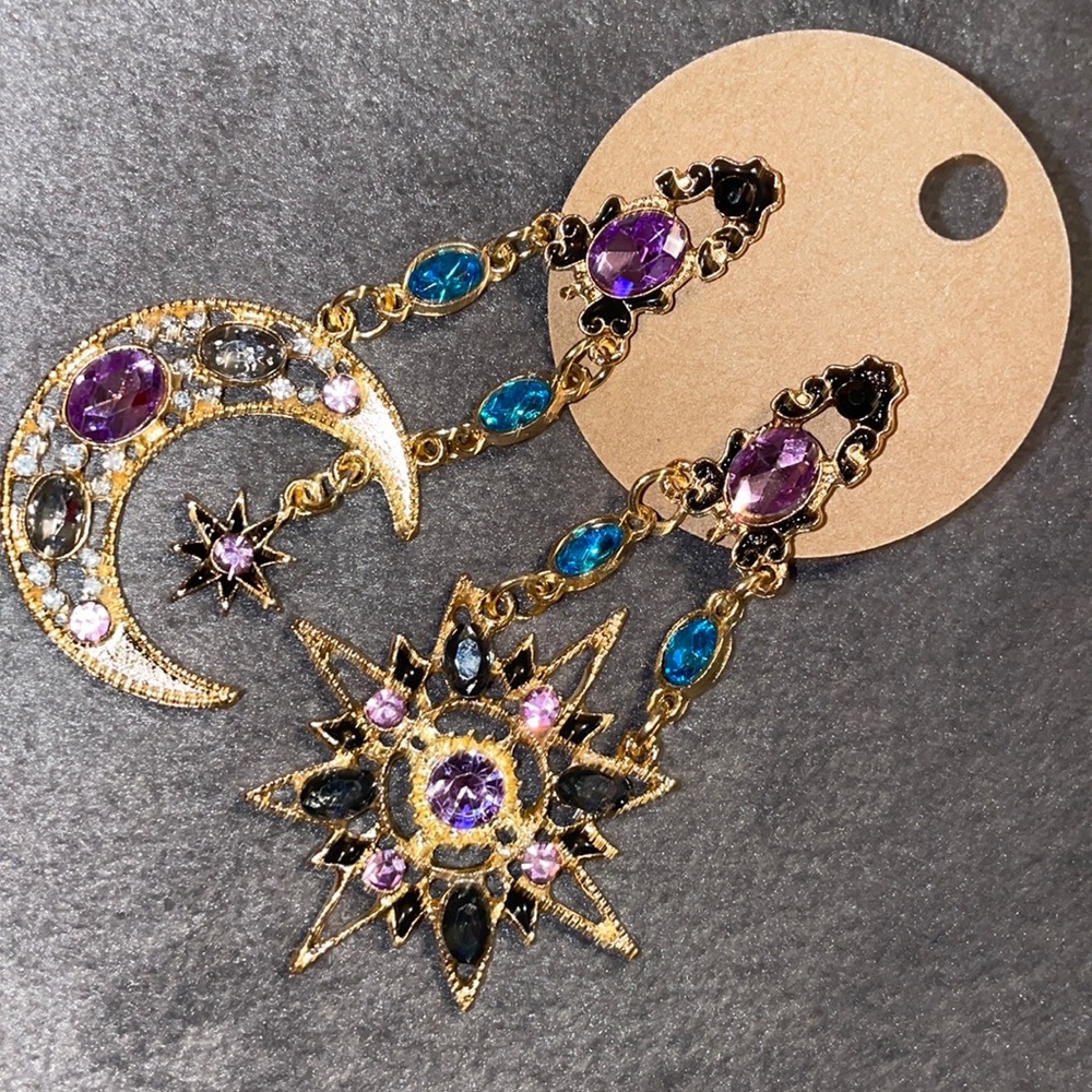 MixMatched Celestial Jeweled Star & Moon Fluid Earrings